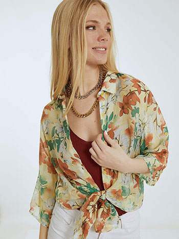 Floral πουκάμισο, κλείσιμο με κουμπιά, κλασικός γιακάς, γυριστό μανίκι με κουμπί, 3/4 μανίκι, κιτρινο ανοιχτο