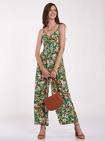 Floral ολόσωμη φόρμα, κρουαζέ, ρυθμιζόμενες τιράντες, ελαστική μέση, με τσέπες, πρασινο