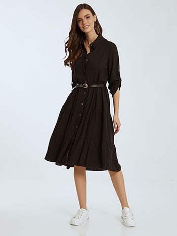 Midi βαμβακερό φόρεμα, κλείσιμο με κουμπιά, κλασικός γιακάς, γυριστό μανίκι με κουμπί, μαυρο