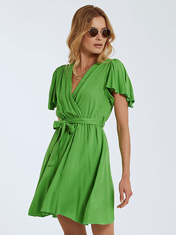 Wrap front dress with ruffled sleeves in light green