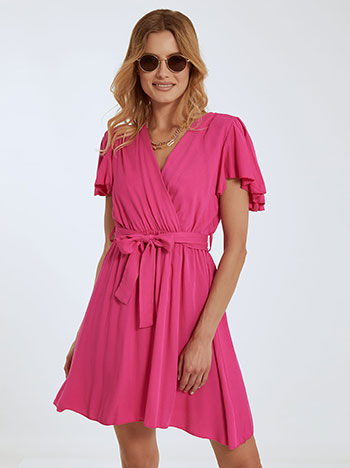 Wrap front dress with ruffled sleeves in fuchsia