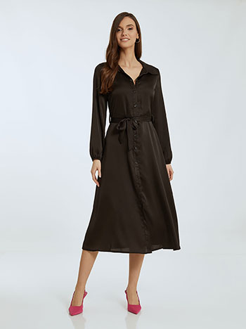Midi φόρεμα με σατέν όψη, κλείσιμο με κουμπιά, κλασικός γιακάς, αποσπώμενη ζώνη, μαυρο