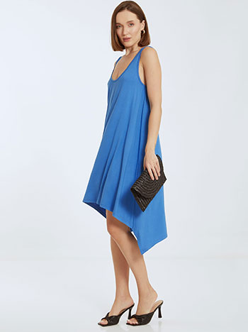 Ασύμμετρο φόρεμα, στρογγυλή λαιμόκοψη, χωρίς κούμπωμα, ύφασμα με ελαστικότητα, celestino collection, μπλε