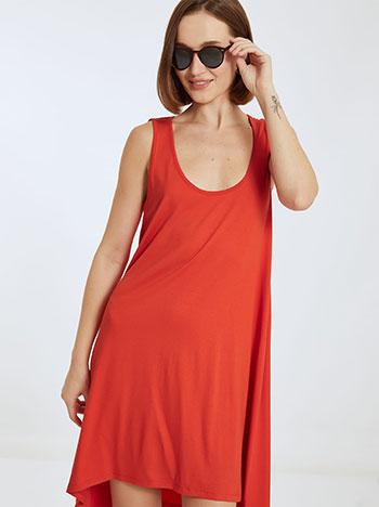 Ασύμμετρο φόρεμα, στρογγυλή λαιμόκοψη, χωρίς κούμπωμα, ύφασμα με ελαστικότητα, celestino collection, κοκκινο