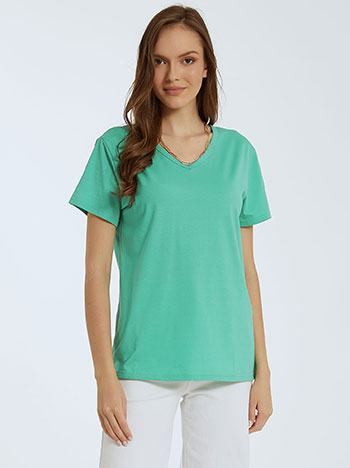 T-shirt με v λαιμόκοψη, με βαμβάκι, ύφασμα με ελαστικότητα, πρασινο ανοιχτο