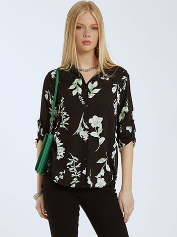 Floral πουκάμισο, κλείσιμο με κουμπιά, κλασικός γιακάς, γυριστό μανίκι με κουμπί, ασύμμετρο τελείωμα, μαυρο