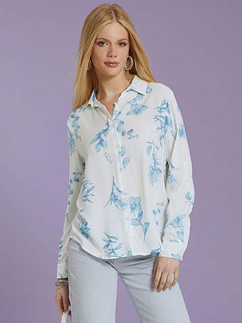 Floral πουκάμισο, κλείσιμο με κουμπιά, κλασικός γιακάς, γυριστό μανίκι με κουμπί, ασύμμετρο τελείωμα, λευκο