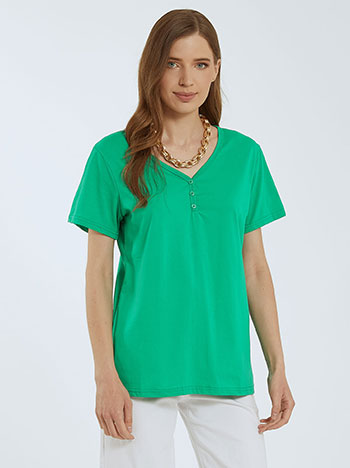 Μπλούζα με διακοσμητικά κουμπιά, v λαιμόκοψη, ύφασμα με ελαστικότητα, πρασινο