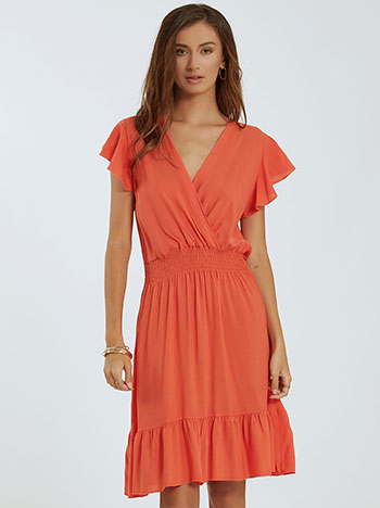 Φόρεμα με βολάν και βαμβάκι, κρουαζέ, ελαστική μέση, πορτοκαλι