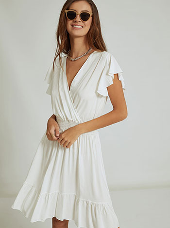 Φόρεμα με βολάν και βαμβάκι, κρουαζέ, ελαστική μέση, λευκο
