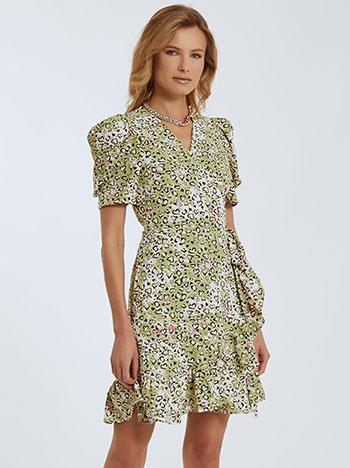 Printed dress with ruffles in light olive green