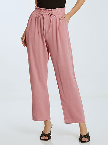 Μονόχρωμη παντελόνα με τσέπες, ελαστική μέση, διακοσμητικό κορδόνι, σκουρο ροζ