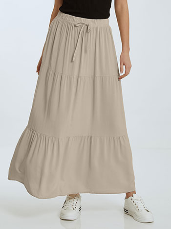 Maxi φούστα, χωρίς κούμπωμα, ελαστική μέση, διακοσμητικό κορδόνι, μπεζ