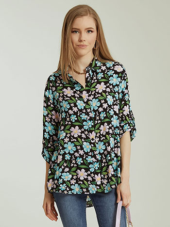 Floral πουκάμισο, κλείσιμο με κουμπιά, κλασικός γιακάς, 3/4 μανίκι, γυριστό μανίκι με κουμπί, μαυρο