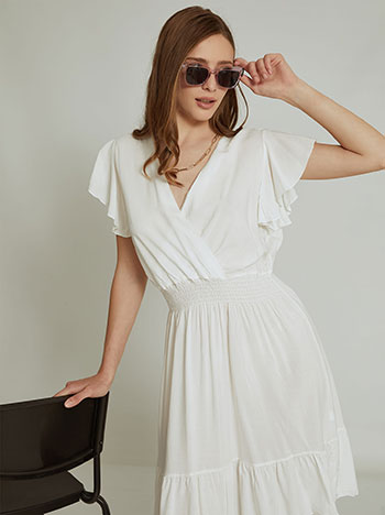 Κρουαζέ φόρεμα με βολάν, ελαστική μέση, λευκο