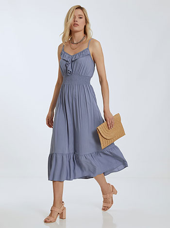 Midi φόρεμα με βολάν, v λαιμόκοψη, ελαστική μέση, ρυθμιζόμενες τιράντες, μπλε ραφ