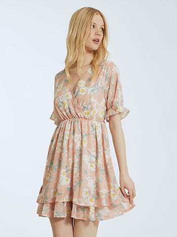 Mini φόρεμα με βολάν, κρουαζέ, ελαστική μέση, εσωτερική φόδρα, ροζ