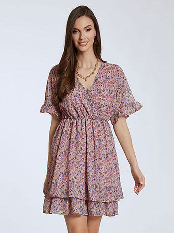 Floral mini φόρεμα, κρουαζέ, ελαστική μέση, με φόδρα, λιλα