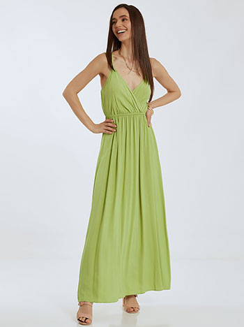 Maxi μονόχρωμο φόρεμα, κρουαζέ, ελαστική μέση, ρυθμιζόμενες τιράντες, λαχανι