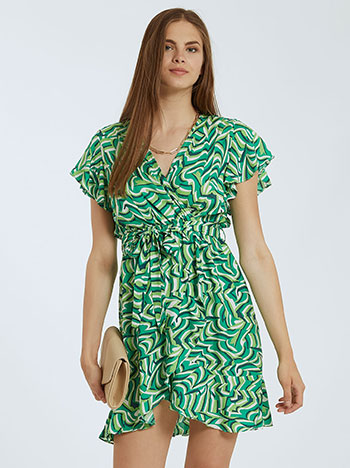 Εμπριμέ φόρεμα, κρουαζέ, ελαστική μέση, αποσπώμενη ζώνη, πρασινο