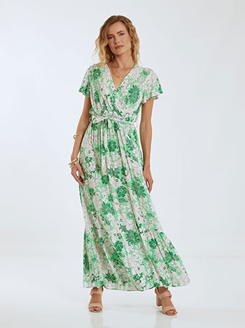 Floral φόρεμα, κρουαζέ, ελαστική μέση, αποσπώμενη ζώνη, πρασινο