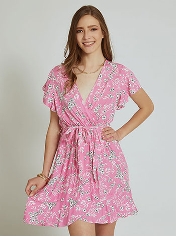 Κρουαζέ φόρεμα με βολάν, ελαστική μέση, αποσπώμενη ζώνη, ασύμμετρο τελείωμα, ροζ