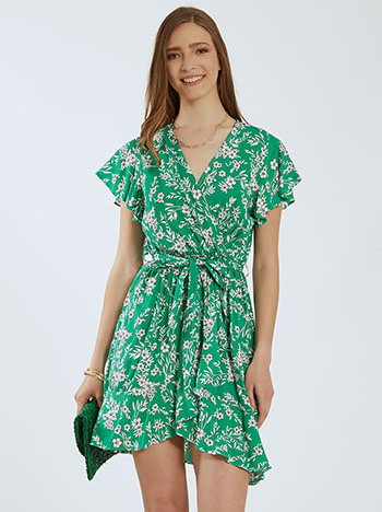 Κρουαζέ φόρεμα με βολάν, ελαστική μέση, αποσπώμενη ζώνη, ασύμμετρο τελείωμα, πρασινο