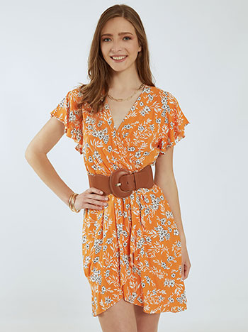 Κρουαζέ φόρεμα με βολάν, ελαστική μέση, αποσπώμενη ζώνη, ασύμμετρο τελείωμα, πορτοκαλι