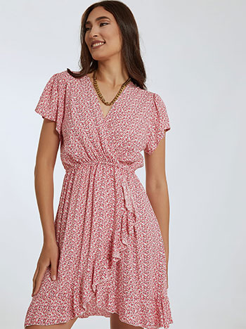 Κοντομάνικο φόρεμα με βολάν, κρουαζέ, ελαστική μέση, ροζ
