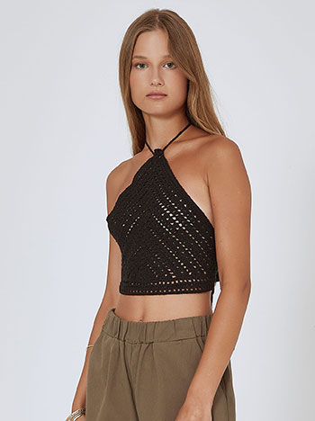 Knitted crop top with tie in black