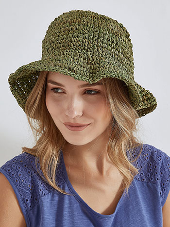 Bucket hat with natural raffi materials in khaki