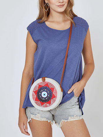 Wooden round bag with graphic in red