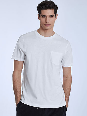 Μονόχρωμο ανδρικό t-shirt με τσέπη, στρογγυλή λαιμόκοψη, ύφασμα με ελαστικότητα, λευκο