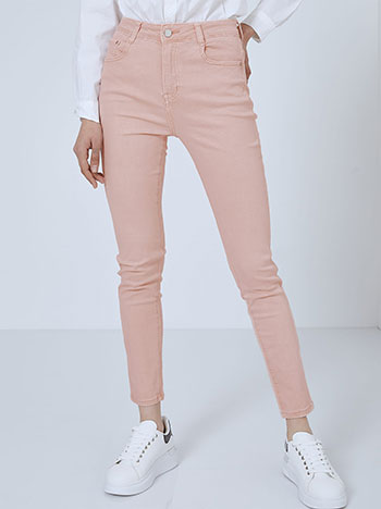 Ψηλόμεσο skinny παντελόνι, πέντε τσέπες, κλείσιμο με φερμουάρ και κουμπί, θηλιές στη μέση, ύφασμα με ελαστικότητα, ροζ ανοιχτο