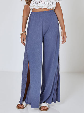 Wide leg trousers with broderie details in rough blue