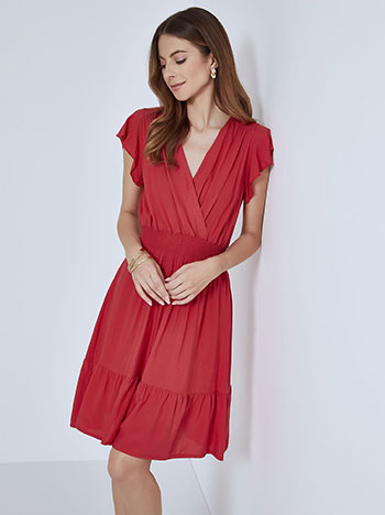 Wrap front mini dress with ruffles in red