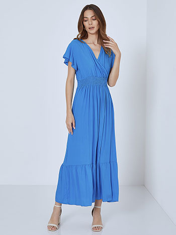 Maxi φόρεμα με βαμβάκι, κρουαζέ, ελαστική μέση, με βολάν, με σφηκοφωλιά, μπλε