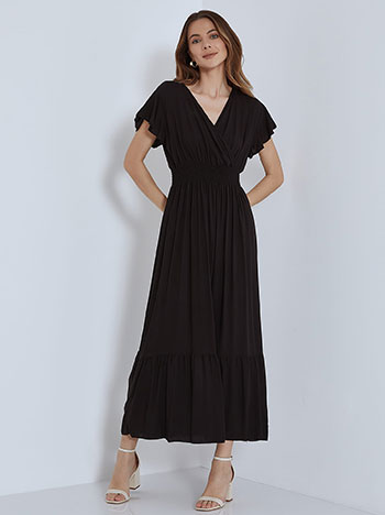 Maxi φόρεμα με βαμβάκι, κρουαζέ, ελαστική μέση, με βολάν, με σφηκοφωλιά, μαυρο
