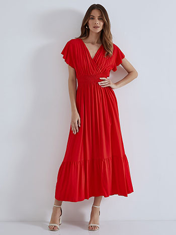 Maxi φόρεμα με βαμβάκι, κρουαζέ, ελαστική μέση, με βολάν, με σφηκοφωλιά, κοκκινο