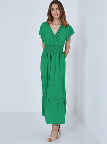 Maxi φόρεμα με βαμβάκι, κρουαζέ, ελαστική μέση, με βολάν, με σφηκοφωλιά, πρασινο