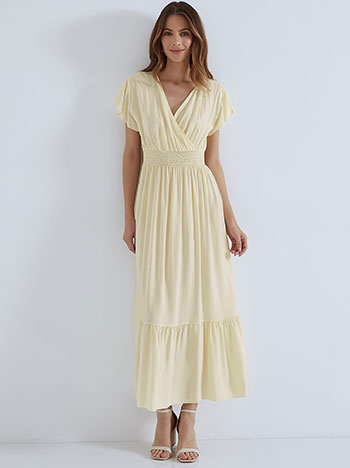 Maxi φόρεμα με βαμβάκι, κρουαζέ, ελαστική μέση, με βολάν, με σφηκοφωλιά, κιτρινο ανοιχτο