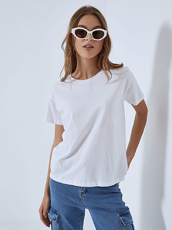 Ασύμμετρο t-shirt, στρογγυλή λαιμόκοψη, ύφασμα με ελαστικότητα, λευκο