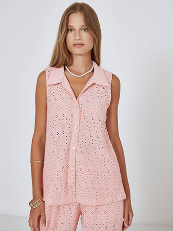 Αμάνικη κεντητή διάτρητη μπλούζα σε ροζ