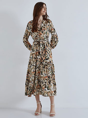 Printed dress with detachable belt in beige