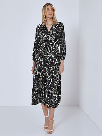 Printed dress with elastic waistband in black