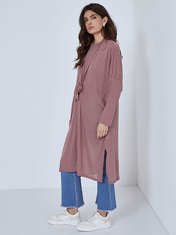 Long cardigan with tie in dusty pink