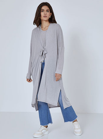 Long cardigan with tie in light grey