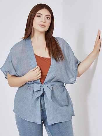Semi sheer kimono with belt in rough blue
