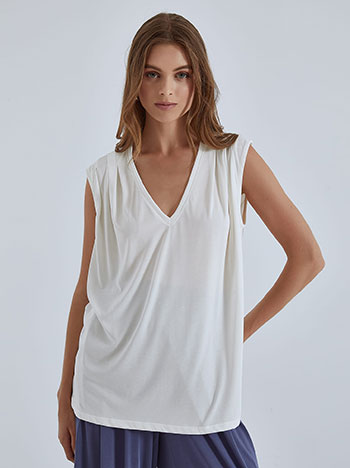 Αμάνικη μπλούζα με πιέτες, v λαιμόκοψη, απαλή υφή, ύφασμα με ελαστικότητα, κατασκευάζεται στην ελάδα, celestino collection, εκρου
