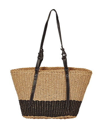 Straw bag with leather effect straps in brown